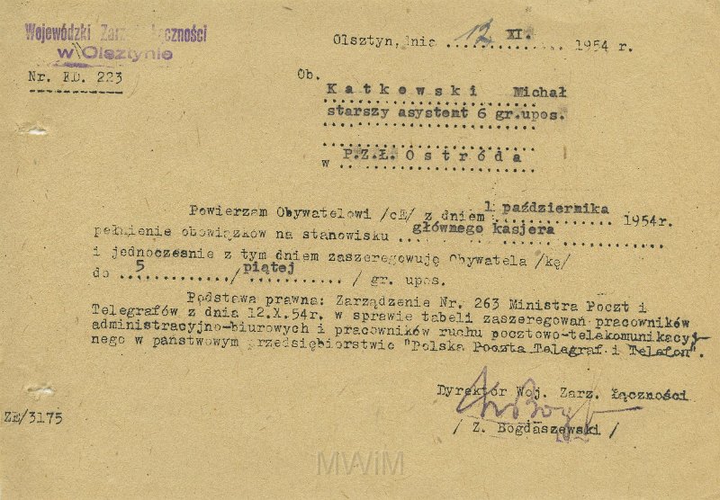 KKE 5588.jpg - Dok. Pismo z Wojewódzkiego Zarządu Łączności w Olsztynie do Michała Katkowskiego dotycząc potwierdzenia wykonywanych obowiązków, Olsztyn, 12 XI 1954 r.